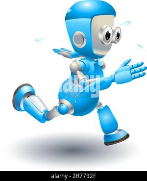 Un simpatico robot blu in funzione del carattere molto veloce e sudorazione Illustrazione Vettoriale