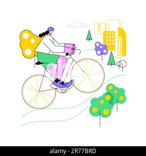 Ciclista illustrazioni vettoriali isolate di cartoni animati. Ragazza sorridente in bicicletta nel parco della città, stile di vita urbano, passatempo attivo, guida su strada, fine settimana estivo, strada ciclista vettore cartoni animati. Illustrazione Vettoriale