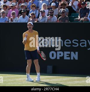 Nottingham, Inghilterra: 13/06/2023, 13th giugno 2023; Nottingham Tennis Centre, Nottingham, Inghilterra: Rothesay Nottingham Open, Day 2; Andy Murray (GBR) festeggia la vittoria di un punto da Joris De Loore (bel) Foto Stock