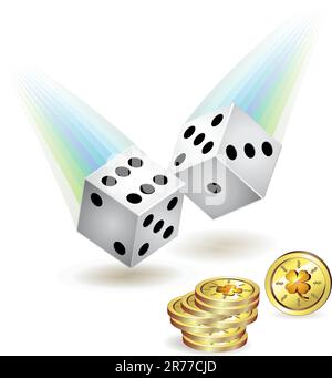 Due dadi bianchi con getti e monete d'oro fortunate Illustrazione Vettoriale