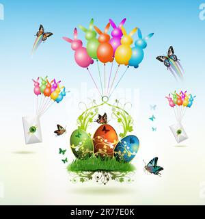 Easter card con farfalle e uova decorate su erba sollevata da palloncini Illustrazione Vettoriale