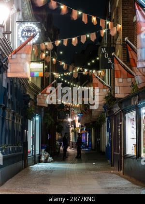 Gandy Street, una stretta strada tradizionale del centro città fiancheggiata da negozi e ristoranti, è illuminata di notte a Exeter, Devon. Foto Stock