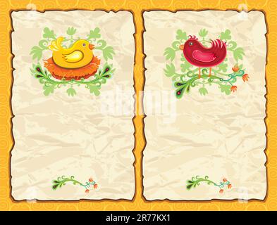 Tema delle vacanze di Pasqua: Bellissime composizioni di carta natalizia con spazio per il tuo testo, simpatico pollo, uccello rosso e motivi floreali. Illustrazione Vettoriale