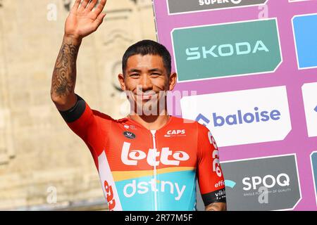 Scherpenheuvel Zichem, Belgio. 13th giugno, 2023. L'australiano Caleb Ewan di Lotto-Dstny nella foto durante una presentazione di squadra in vista della gara ciclistica Belgium Tour di Baloise, a Scherpenheuvel-Zichem, martedì 13 giugno 2023. BELGA PHOTO DAVID PINTENS Credit: Belga News Agency/Alamy Live News Foto Stock