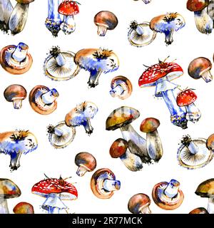 motivo senza cuciture con funghi da disegno acquerello su sfondo bianco. Foto Stock