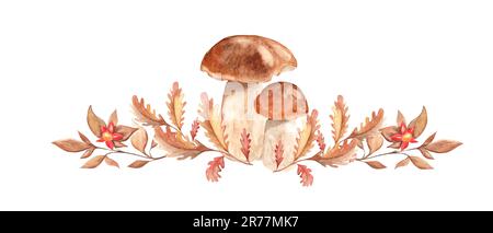Acquerello foresta ghirlanda isolata, orizzontale composizione autunnale isolata su sfondo bianco. Funghi porcini, foglie di quercia e rametto rosso Foto Stock