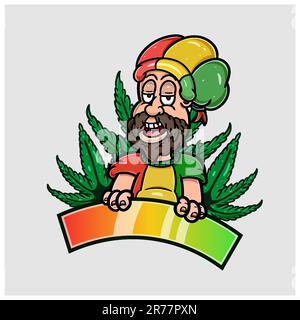Mascotte di cartone animato di ragazzo con stile reggae e foglia di Cannabis. Illustrazione Vettoriale