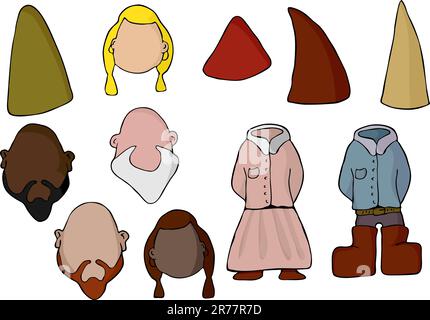 Riempi il tuo volto con questo set di gnomi o elfi maschili e femminili. Illustrazione Vettoriale