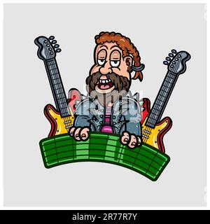 Cartoon Mascot di Bearded Boy con chitarra. Ottimo per Guitar Business. Illustrazione Vettoriale