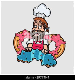 Cartoon Mascot di Bearded Boy con Douhgnut. Ottimo per il settore alimentare. Illustrazione Vettoriale