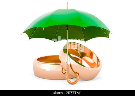 Anelli dorati di nozze sotto l'ombrello. 3D rendering isolato su sfondo bianco Foto Stock