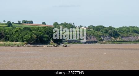 Un treno passeggeri per il Galles viaggia lungo l'estuario Severn sulla linea ferroviaria Gloucester-Newport vicino a Lydney nel Gloucestershire. Foto Stock