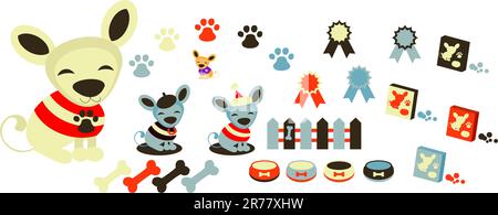 Set di icone per cani, animali domestici e accessori. Felice cucciolo di chihuahua Illustrazione Vettoriale