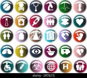 Pulsante medico, icone lucide e segnali di avvertenza Set 2 Illustrazione Vettoriale