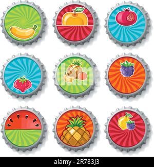 Set colorato di tappi per bottiglie fruttate - può essere utilizzato come icona Web, spilla o badge Illustrazione Vettoriale