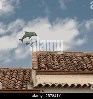 Un delfino come una paletta meteorologica sopra un tetto sul lungomare di Catania. Catania città, Sicilia, Italia Foto Stock