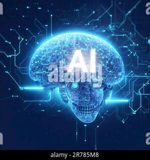 Intelligenza artificiale ai e scienza dei dati, tecnologia, apprendimento automatico del cervello, rendering 3D digitale dell'uomo, rete di connessione alla testa, innovazione Foto Stock