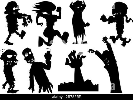 Collezione di personaggi di halloween silhouette, tra cui zombie e vampiri Illustrazione Vettoriale