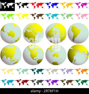 globi terrestri e mappe su sfondo bianco, collezione astratta; illustrazione grafica vettoriale Illustrazione Vettoriale