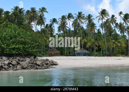 Pigeon Point Beach presso il Pigeon Point Heritage Park di Tobago, nelle Indie Occidentali. Foto Stock