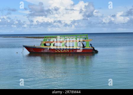 Barche con fondo in vetro a Pigeon Point che trasportano turisti in tour per vedere la barriera corallina di Buccoo, la piscina di Nylon e la Terra di No Man a Tobago. Foto Stock