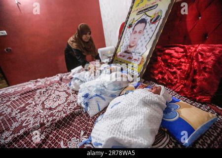 Rasmeia Shamali di 38 anni si prende cura dei suoi quattro neonati prigioniero palestinese Ahmad al-Simali moglie Rasmeia di 38 anni arriva con i suoi bambini a Gaza City dopo aver dato alla luce i quadruplets da sperma contrabbandiato dalla prigione israeliana al Makassed Islamic Charitable Society Hospital di Gerusalemme. I bambini, tre maschi e una femmina, sono stati concepiti con lo sperma del loro padre, Ahmed Shamali, che è stato incarcerato in Israele dal 2008. Secondo il Centro Palestine per gli Studi sui prigionieri, negli ultimi anni sono nati oltre 100 bambini attraverso lo sperma contrabbandiato di oltre 70 detenuti. Foto Stock