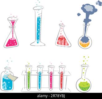 Un set colorato e da cartone animato di apparecchiature chimiche. Illustrazione Vettoriale