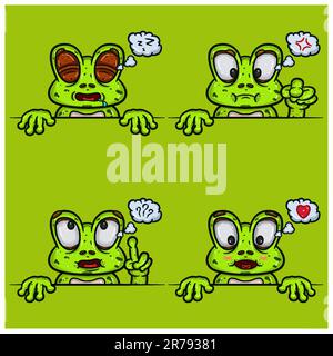 Set di cartoni facciali Expression Frog. Sonno, arrabbiato, confusa e amorevole espressione del volto. Con gradiente semplice. Vettore e illustrazione. Illustrazione Vettoriale