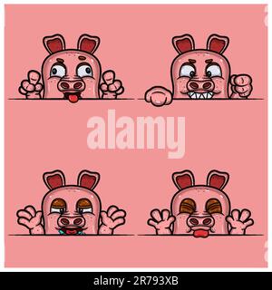 Set di espressione maiali cartone animato. Espressione del volto pazzo, malvagio, affamato e taunt. Con gradiente semplice. Vettore e illustrazione. Illustrazione Vettoriale