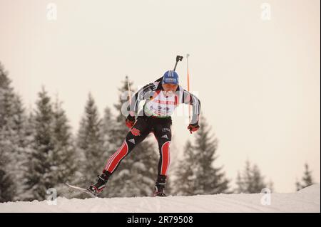 Michael GREIS Aktion Biathlon 10km Sprint der Herren a Hochfilzen. Foto Stock