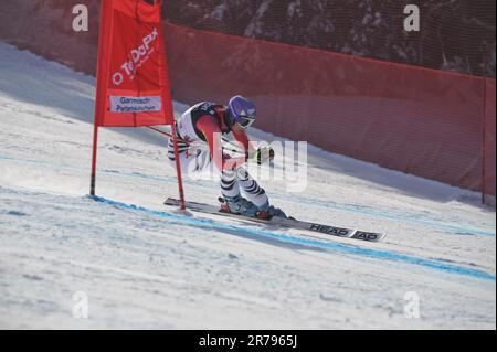 Maria RIESCH Aktion Abfahrt 10.3.2010 Ski Alpin Welt Cup finale a Garmisch Patenkirchen. Foto Stock