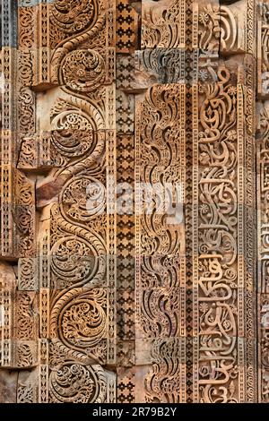 Motivi decorativi della parete del complesso Qutb a Delhi del sud, India, primo piano antiche decorazioni a bassorilievo della parete delle rovine della moschea punto di riferimento, popolare turista Foto Stock