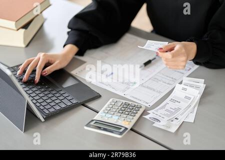 Donna asiatica che inserisce le spese nel software di contabilità Foto Stock