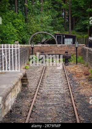 Georgian Waggonway, la fine dei binari presso la stazione ferroviaria al Beamish Museum, County Durham, Regno Unito Foto Stock