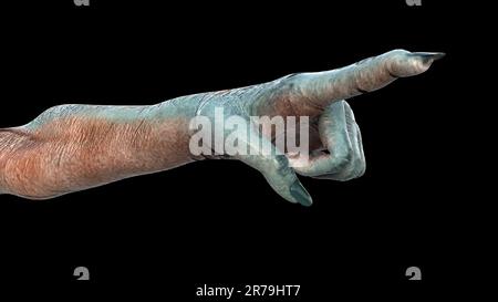 Mano aliena umanoide isolata su sfondo nero, illustrazione 3D Foto Stock