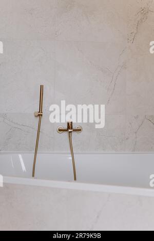 Un'immagine interna di un bagno moderno con una grande vasca al centro Foto Stock
