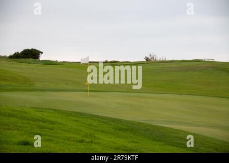 Campo da golf verde perfettamente tagliato, in un complesso residenziale vicino al mare Foto Stock