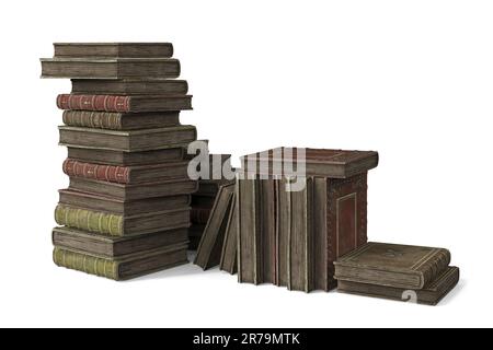 Libri antichi isolati su sfondo bianco, 3D illustrazione. Biblioteca d'antiquariato. Foto Stock