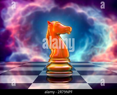 Figura del cavaliere degli scacchi sul tabellone degli scacchi e sullo sfondo dello spazio, illustrazione 3D Foto Stock