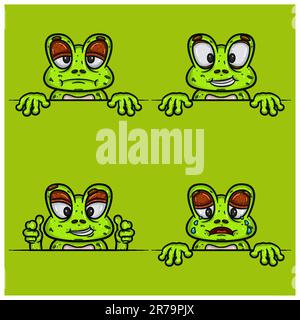 Set di cartoni facciali Expression Frog. Annoiato, piangendo, smug e felice espressione del viso. Con gradiente semplice. Vettore e illustrazione. Illustrazione Vettoriale