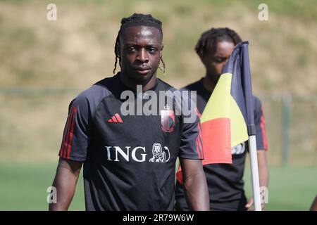 Tubize, Belgio. 14th giugno, 2023. Jeremy Doku, in Belgio, ha illustrato nel corso di una sessione di allenamento della nazionale belga di calcio Red Devils, mercoledì 14 giugno 2023, presso la sede centrale della Royal Belgian Football Association RBFA a Tubize, in preparazione delle partite contro l'Austria e l'Estonia alla fine di questo mese. FOTO DI BELGA BRUNO FAHY Credit: Agenzia Notizie di Belga/Alamy Live News Foto Stock