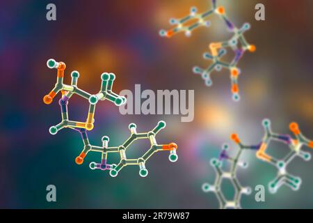 Modello molecolare di amoxicillina, un antibiotico usato per trattare un certo numero di infezioni batteriche, tra cui polmonite, ascessi dentali e del tratto urinario Foto Stock