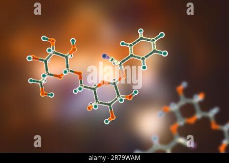 Modello molecolare di amigdalina, noto anche come laetrile o vitamina B17, illustrazione 3D. Un composto che si trova naturalmente nelle fosse di molti frutti, Foto Stock