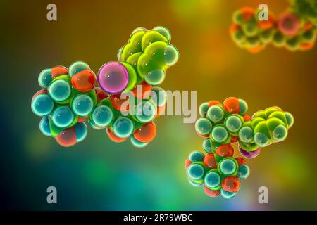 Modello molecolare di amigdalina, noto anche come laetrile o vitamina B17, illustrazione 3D. Un composto che si trova naturalmente nelle fosse di molti frutti, Foto Stock