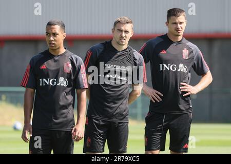 Tubize, Belgio. 14th giugno, 2023. Youri Tielemans, Timothy Castagne del Belgio e Leander Dendoncker, foto durante una sessione di allenamento della nazionale belga di calcio Red Devils, mercoledì 14 giugno 2023, presso la sede centrale della Royal Belgian Football Association RBFA a Tubize, in preparazione delle partite contro l'Austria e l'Estonia alla fine di questo mese. FOTO DI BELGA BRUNO FAHY Credit: Agenzia Notizie di Belga/Alamy Live News Foto Stock