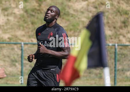 Tubize, Belgio. 14th giugno, 2023. Romelu Lukaku in Belgio ha illustrato nel corso di una sessione di allenamento della nazionale belga di calcio Red Devils, mercoledì 14 giugno 2023, presso la sede centrale della Royal Belgian Football Association RBFA a Tubize, in preparazione delle partite contro l'Austria e l'Estonia alla fine di questo mese. FOTO DI BELGA BRUNO FAHY Credit: Agenzia Notizie di Belga/Alamy Live News Foto Stock