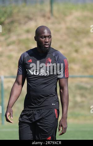 Tubize, Belgio. 14th giugno, 2023. Romelu Lukaku in Belgio ha illustrato nel corso di una sessione di allenamento della nazionale belga di calcio Red Devils, mercoledì 14 giugno 2023, presso la sede centrale della Royal Belgian Football Association RBFA a Tubize, in preparazione delle partite contro l'Austria e l'Estonia alla fine di questo mese. FOTO DI BELGA BRUNO FAHY Credit: Agenzia Notizie di Belga/Alamy Live News Foto Stock