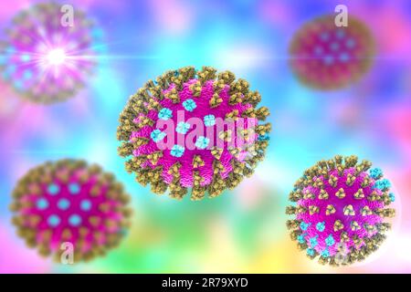 Virus influenzale, Michigan ceppo. 3D illustrazione che mostra la glicoproteina di superficie emoagglutinina dei picchi di verde e blu di neuraminidasi Foto Stock
