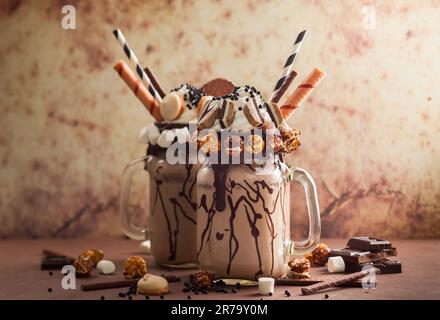 Milkshake al cioccolato con gelato e panna montata, marshmallow, popcorn dolce, biscotti, waffle, servito in vasetto di vetro mason. "Pazzo o pazzo" Foto Stock