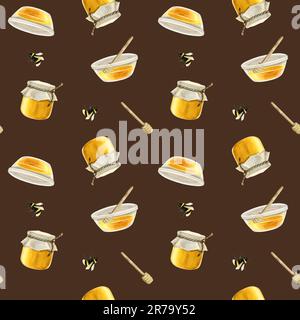 Acquerello marrone scuro e giallo miele motivo senza cuciture con vasetti, cucchiai di legno e api per l'imballaggio di carta, sacchetti Foto Stock